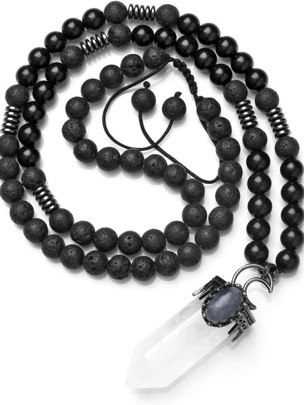 Natural Stone Healing Crystal Quartz Pendant Necklace with Lava Rock Beads
